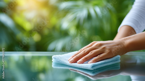 Hand cleaning glass with microfiber cloth, gentle sunlight and green background