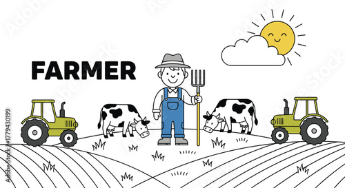 Cheerful Farmer Standing in a Picturesque Field with Cows and Tractors Under a Smiling Sun Illustration, Representing Agriculture, Rural Life, Farming Industry, Sustainable Practices, and Cartoonish