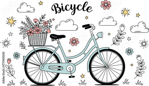 Charming Bicycle with Floral Basket Illustration: A Delightful Hand-Drawn Design for Springtime Fun, Sustainable Transport and Creative Projects Featuring Flowers, Clouds, Stars for Whimsical