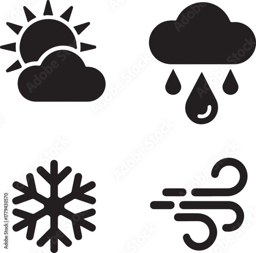 Collection of four essential weather forecast vector icons representing sun with cloud, rain, snow, and wind