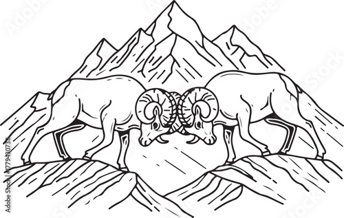 Bighorn Rams Clashing Heads in Mountain Landscape Line Art