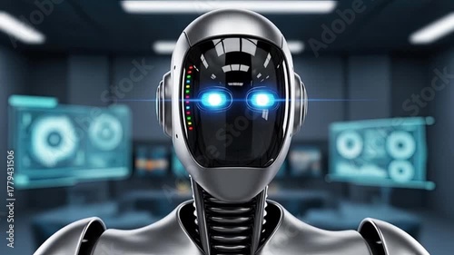 Futuristic Robot Head Turning in Advanced Tech Lab: AI and Machine Learning in Action