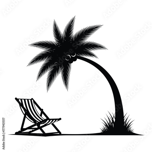 Tropical beach scene silhouette isolated on transparent background, Vector