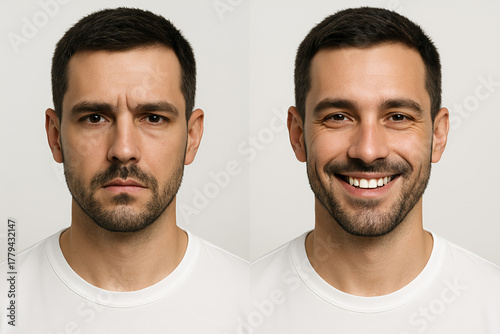 Portrait of man showing angry and happy emotions, emotional contrast face expressions
