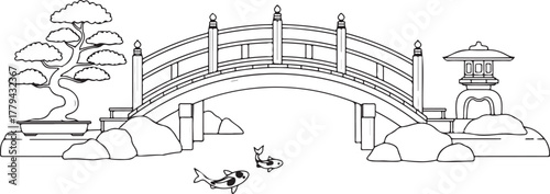 Japanese Garden Scene with Arched Bridge, Bonsai Tree, Stone Lantern, and Koi Fish