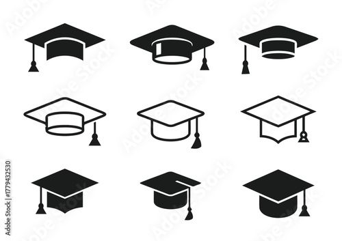 graduation, cap, hat, academic, education, degree, diploma, university, college, school, tassel, mortarboard, icon, symbol, silhouette, black, white, set, collection, design, element, achievement, suc