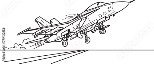 Line Art Illustration of a Fighter Jet Taking Off from a Runway