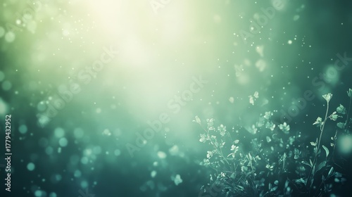 Soft, diffused light casts a serene glow over delicate flowers in a calming green background