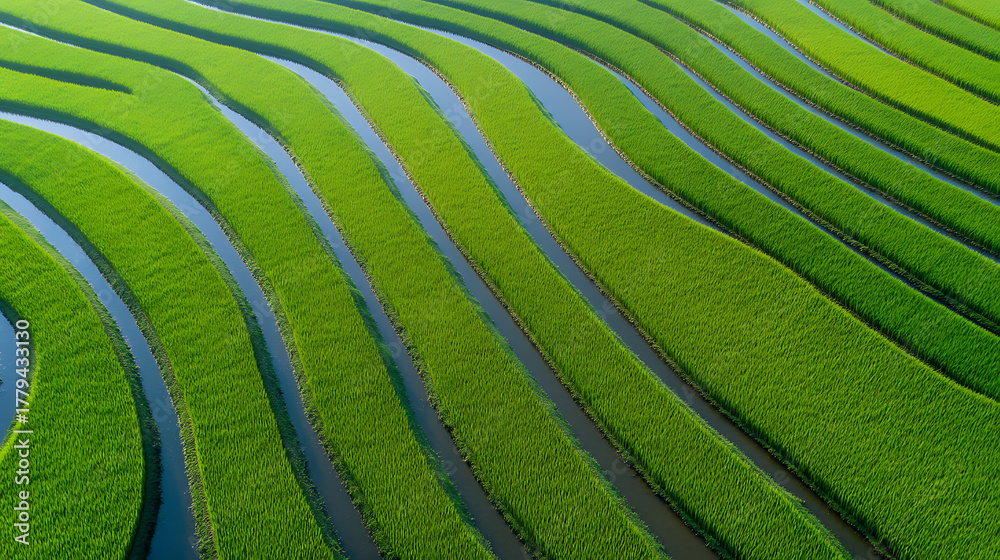 Fototapeta premium Aerial view of terraced fields with vibrant green rice paddies separated by water channels showcasing agricultural beauty and sustainable farming practices across the landscape.