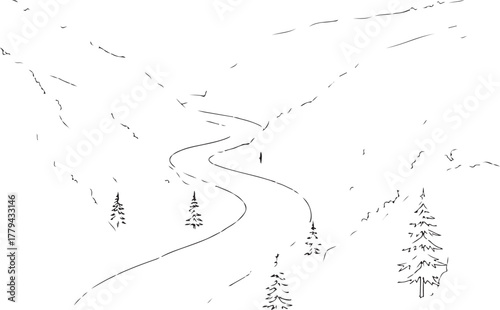 Minimalist Hand-Drawn Sketch of a Winding Ski Slope in a Mountain Landscape with Evergreen Trees