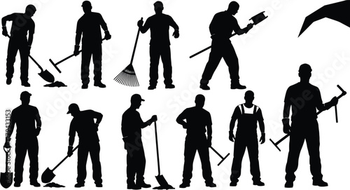 worker, silhouette, labor, construction, tool, shovel, rake, broom, pickaxe, jackhammer, vector, cad, drawing, flat, illustration