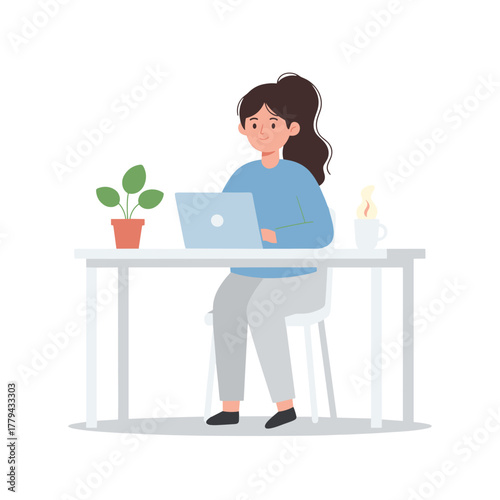 Young Woman Student Focused on Laptop Computer Working at White Desk with Potted Plant and Coffee Cup Modern Flat Vector Design