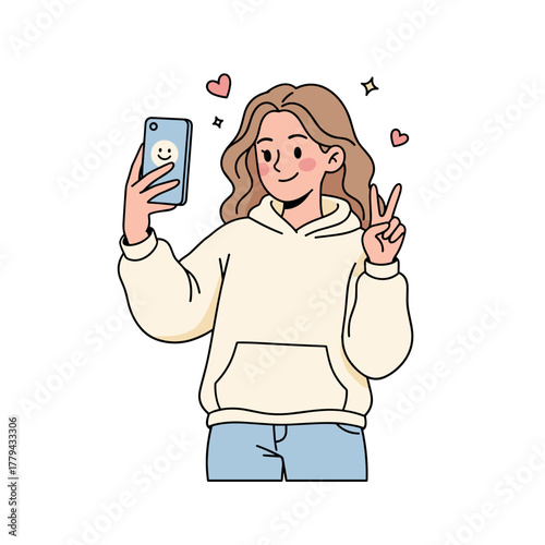 Young Woman with Blond Hair Wearing a Cream Hoodie and Blue Jeans Takes a Selfie with Her Phone Showing a Smiling Face and Making a Peace Sign with Hearts Floating Around Her in a Whimsical Style