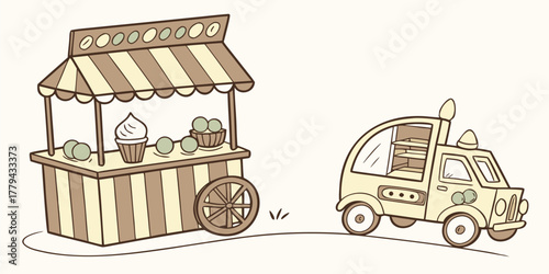 Cute watercolor candy cart and ice cream truck street food