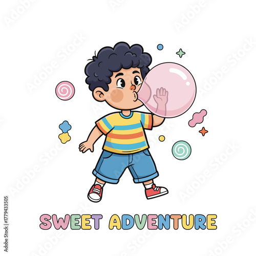 Young Boy Blowing Pink Bubble Gum Candy Sweet Adventure Colorful Stripes Shirt Blue Shorts Isolated On Black Background