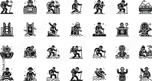 Collection of vintage style illustrations of people engaged in various activities isolated on transparent background