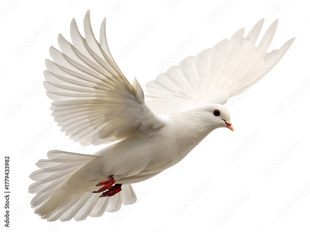Fototapeta premium A graceful white dove with wings wide open is captured in flight, perfectly isolated on a transparent background for clear versatile use.