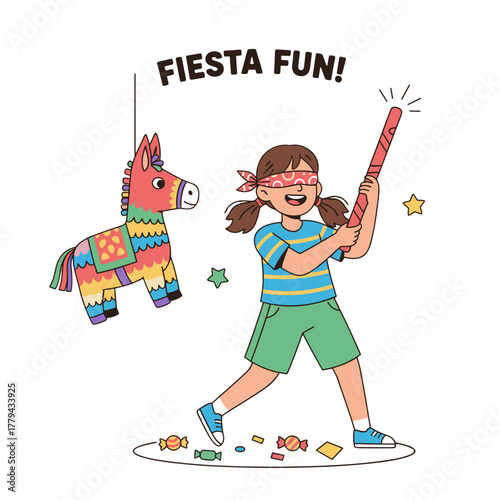 Young girl wearing blindfold plays piñata with stick during party celebration outdoors