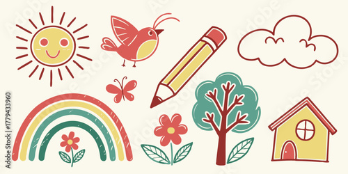 Kids drawing style icons sun rainbow bird tree house