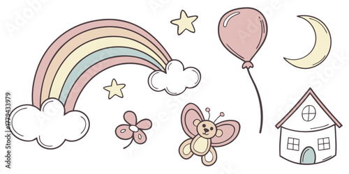 Kids drawing style doodle icons rainbow balloon moon house butterfly