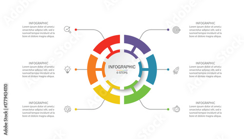 Business visualization infographic circle design template with 6 options, steps or processes. Business presentation.	