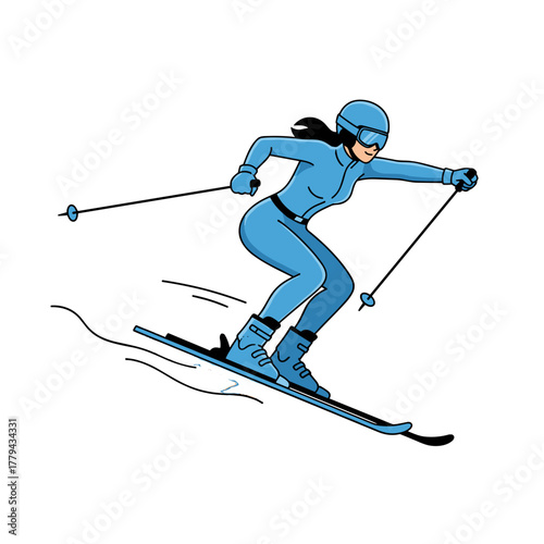 Young woman in blue ski suit and helmet skis down a snowy slope with poles white background flat vector style