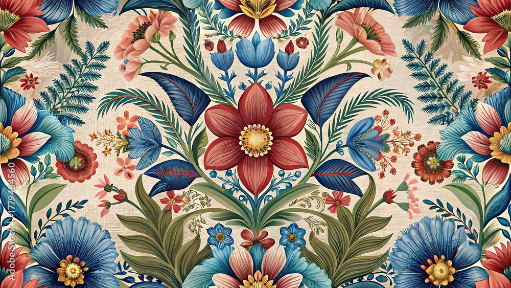 Bavarian folk flowers pattern, European Western botanical ornament, seamless colorful alpine floral vector on linen cream, traditional decorative motif for wallpaper fabric wrapping and surface design