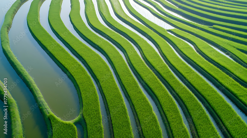 Fototapeta premium Aerial view of undulating verdant rice terraces. The paddy fields showcase an intricate pattern of parallel lines, creating a picturesque landscape. Serene waters reflect the lush vegetation.