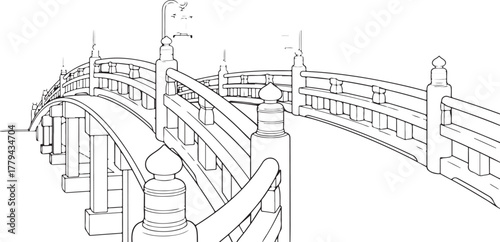 Line Art Drawing of a Traditional Arched Bridge with Decorative Railings