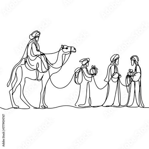 Волхвы с дарами, верблюды в линиях Biblical Christmas Scenes outline / minimal linear vector