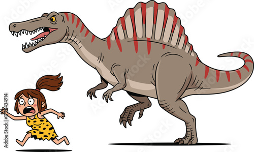 Cartoon dinosaur chasing girl, prehistoric adventure scene, spinosaurus illustration, caveman era concept, danger, fear, running character, cad drawing flat vector illustration