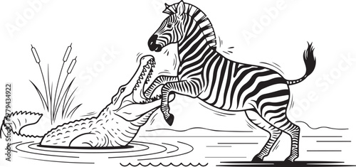 Zebra Fighting Off Crocodile at Watering Hole