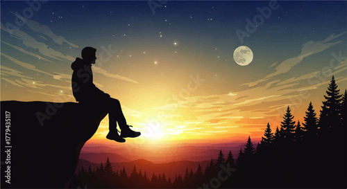 Silhouette of a person sitting on a cliff at sunset with a full moon in the sky.