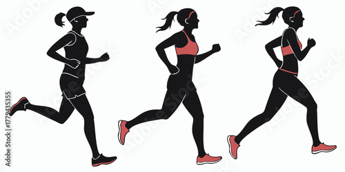 Three female runners black silhouettes coral accents