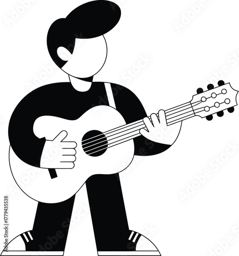 Cartoon man playing acoustic guitar monochrome illustration vector graphic