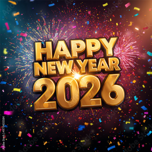 Bold golden 3D text “Happy New Year 2026” surrounded by colorful fireworks and confetti on a dark night background. A joyful and energetic design ideal for greeting cards, social media posts
