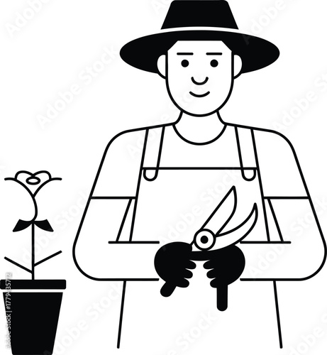 Gardener illustration with rose plant and garden shears for hobby concept