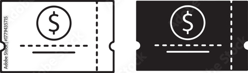 Two simplified icons depicting a ticket with a dollar coin symbol coupon voucher