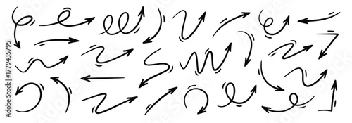 arrows, hand-drawn, doodle, sketch, black, white background, collection, set, direction, pointer, graphic, design, element, icon, navigation, movement, communication, various, shapes, lines, curves, z