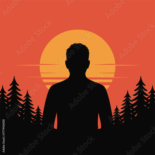 Silhouette of a Man Contemplating Nature and the Beauty of Sunset