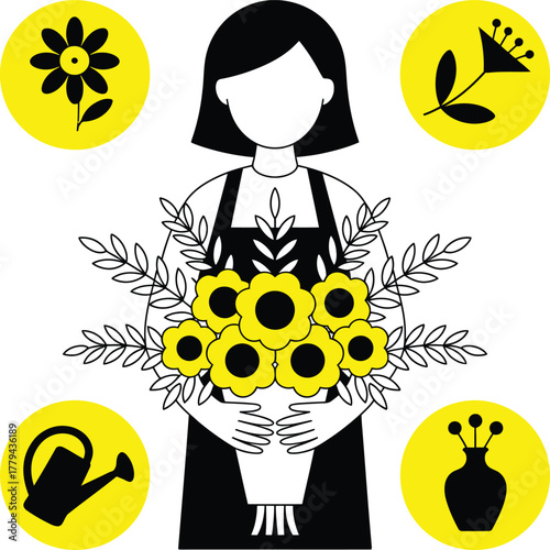 Woman holding a bouquet of yellow flowers in a stylized vector illustration