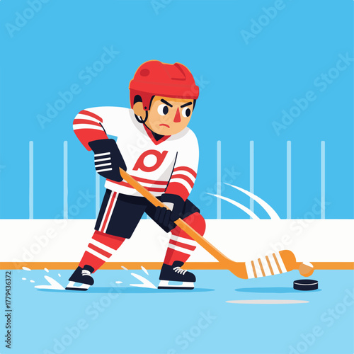 Cartoon hockey player in red helmet and white jersey plays on ice rink sport