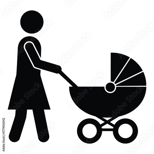 Woman pushing baby stroller silhouette icon isolated on transparent background, Vector