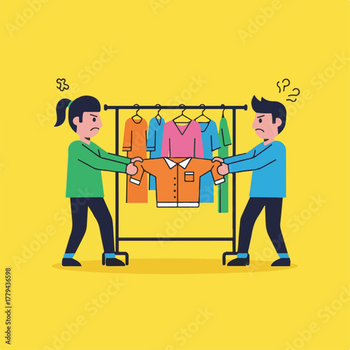 Couple Arguing Over Orange Shirt on Clothes Rack argument disagreement
