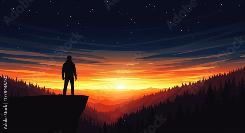 Silhouette of a person standing on a cliff at sunset.