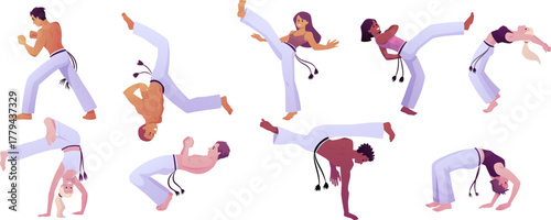 People doing capoeira exercise, Brazilian Capoeira dance and fight sport, Martial art vector illustrations set isolated