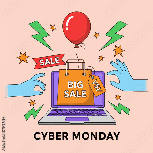 Cyber Monday big sale promotion with laptop shopping bag balloon and hands vector