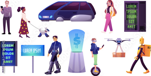 Robotic quadcopter delivers post package to the man in virtual reality glasses, vector robot drone smart technology