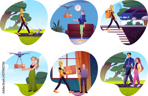 Smart city scenes vector flat illustration, people and robotic dog, robot, quadcopter delivers post package, flying car