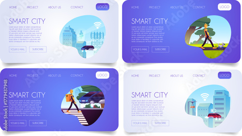 Futuristic smart city landing pages vector set, cityscape with skyscrapers and flying cars, robots and drone delivery